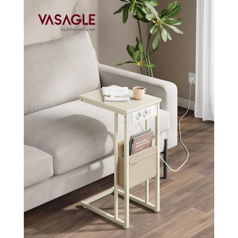 foto del prodotto vasagle tavolino, comodino con stazione di ricarica, a forma di c per piccolo spazio, 2 porte usb e prese, borsa portaoggetti, piedini regolabili,