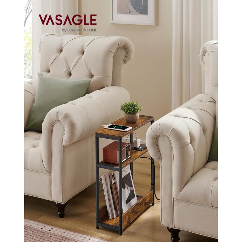 foto del prodotto vasagle tavolino con multipresa, tavolino stretto a 3 ripiani, tavolino per piccoli spazi con portariviste, per salotto camera da letto studio,