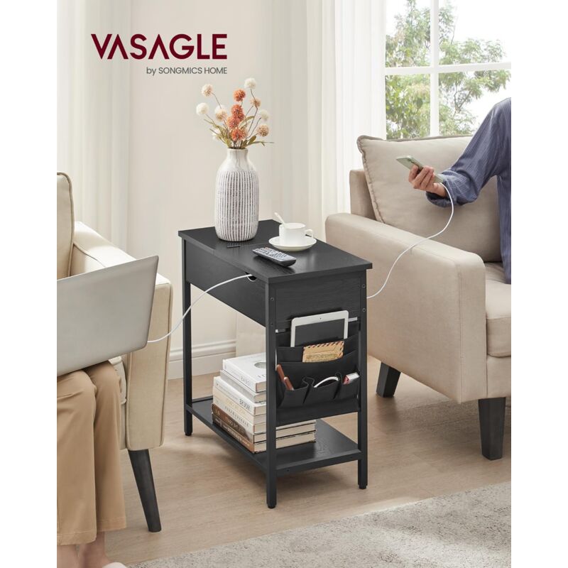 foto del prodotto vasagle tavolino con multipresa, tavolino stretto con porte usb, sacchi, comodino, per salotto soggiorno, camera da letto, nero effetto legno