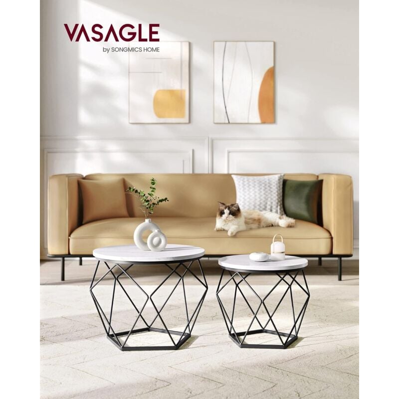 foto del prodotto vasagle tavolino da caff rotondo, set di 2 tavolini ad incastro, stile moderno, piano rimovibile, struttura in acciaio, adatto per soggiorno, bianco