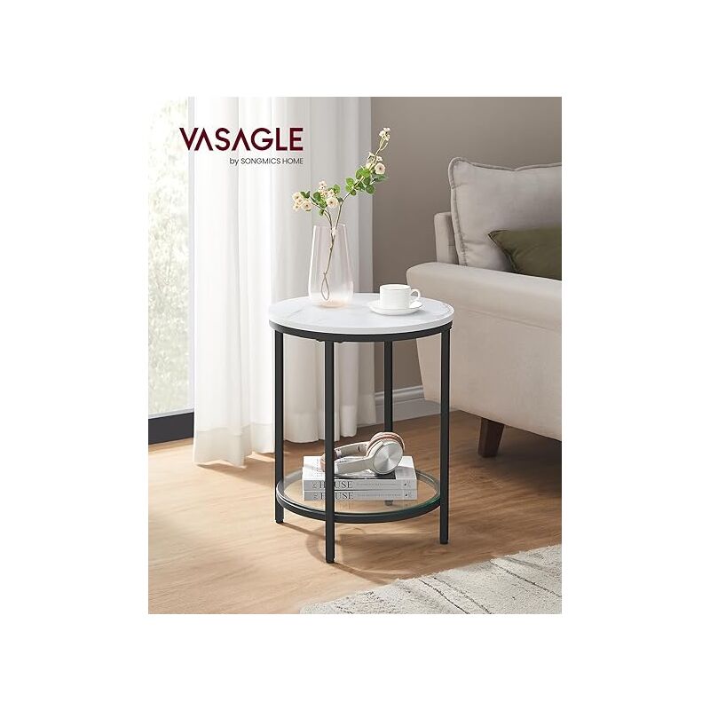 foto del prodotto vasagle tavolino rotondo a 2 ripiani, comodino, piano di truciolato, ripiano di vetro temperato, per soggiorno, camera da letto, studio,