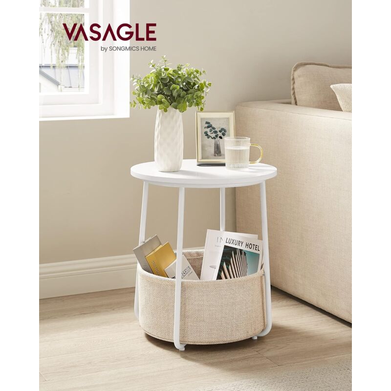 foto del prodotto vasagle tavolino, tavolino rotondo con cestino in tessuto, spazioso, per soggiorno camera da letto, comodino, stile moderno, bianco e beige da