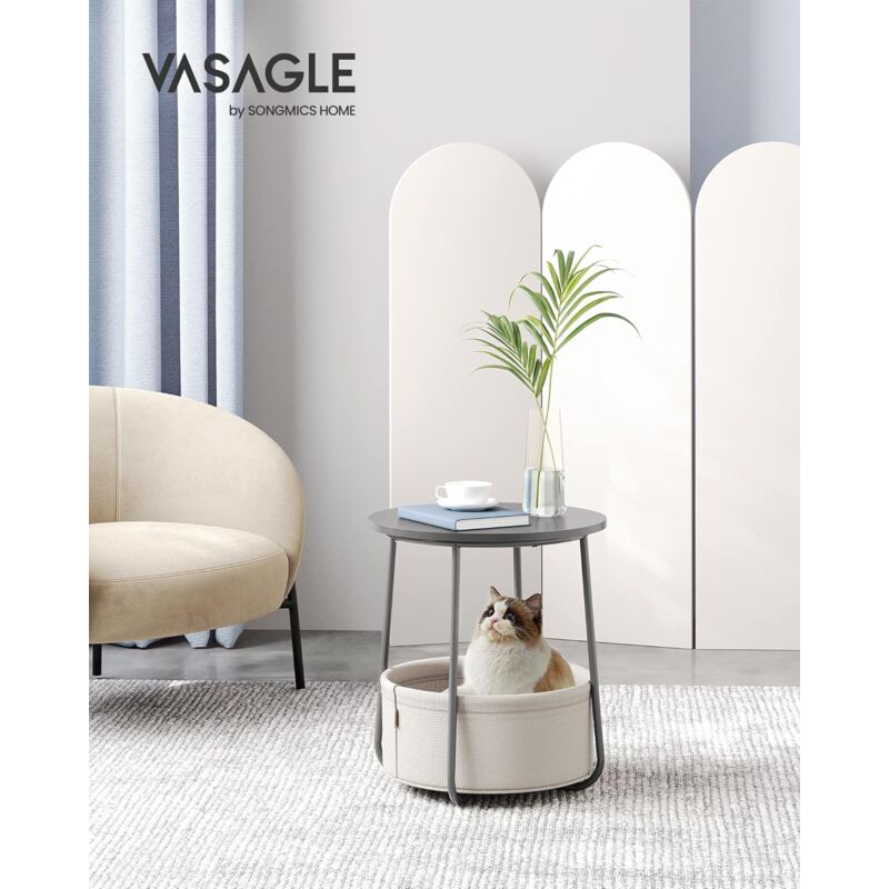 foto del prodotto vasagle tavolino, tavolino rotondo con cestino in tessuto, spazioso, per soggiorno camera da letto, comodino, stile moderno, grigio cemento e