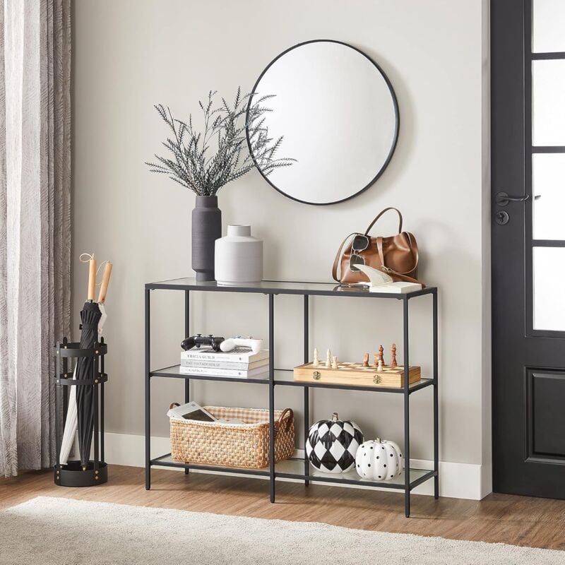 foto del prodotto vasagle tavolo consolle, consolle ingresso a 3 ripiani, scaffale in vetro temperato, 100 x 30 x 73 cm, struttura in metallo, moderno, corridoio