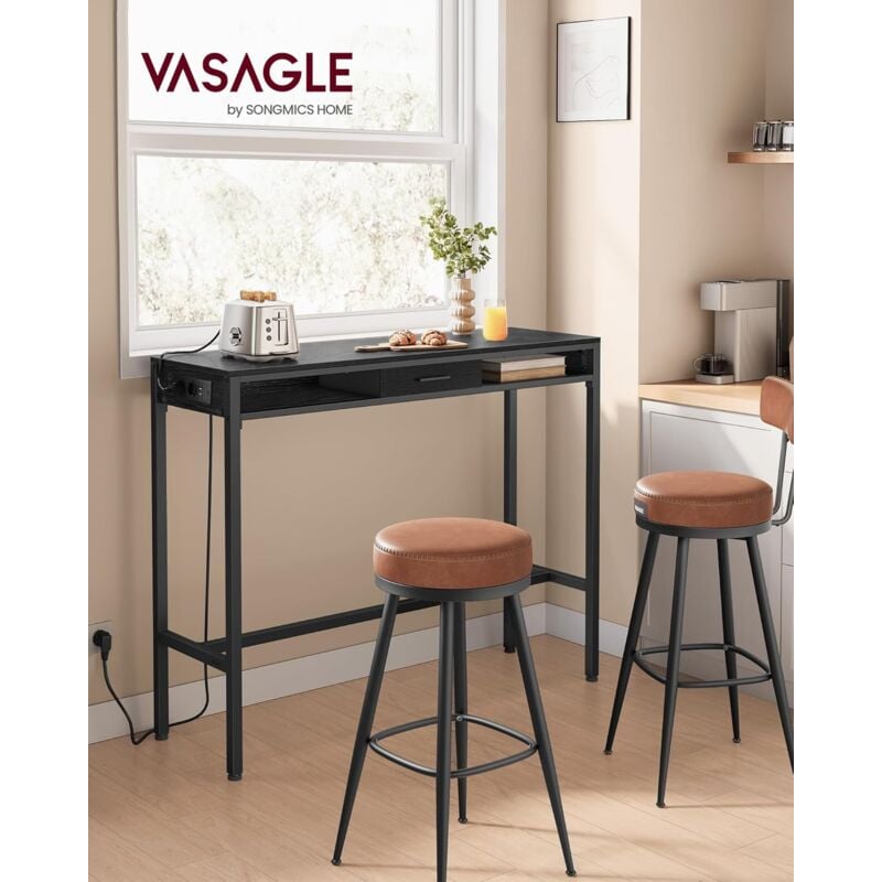foto del prodotto vasagle tavolo da bar, tavolo da cucina con stazione di ricarica, cassetto in tessuto non tessuto, ganci, 40 x 120 x 104,6 cm, nero ebano