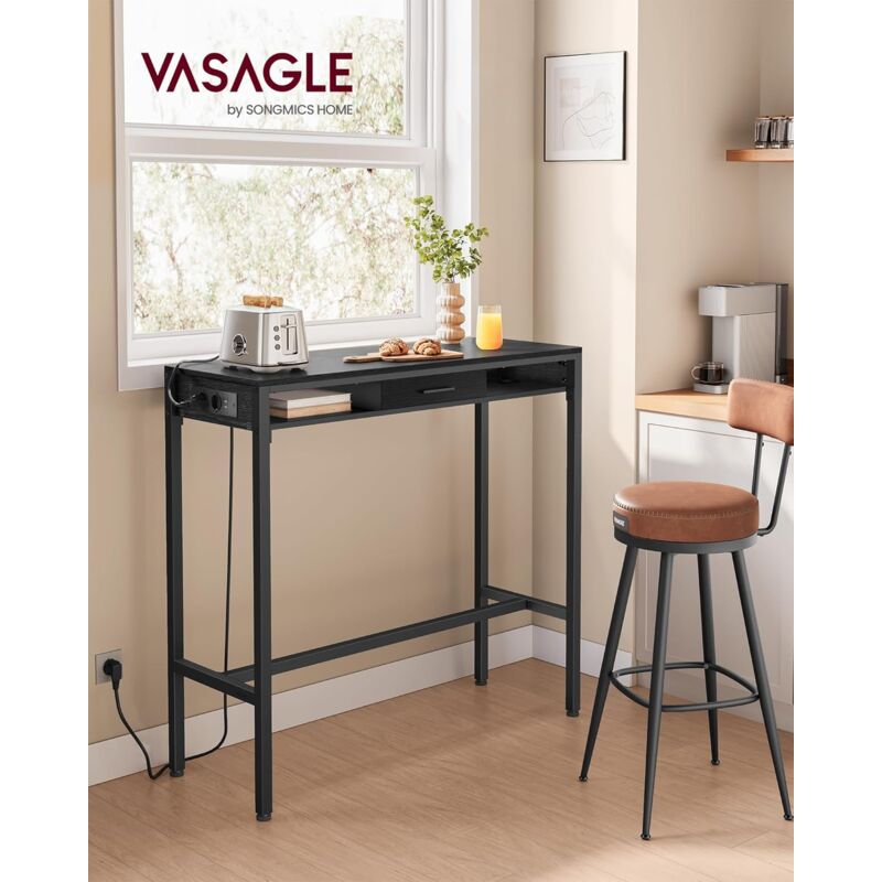 foto del prodotto vasagle tavolo da bar, tavolo da cucina con stazione di ricarica, cassetto in tessuto non tessuto, ganci, 40 x 99,8 x 104,6 cm, nero ebano