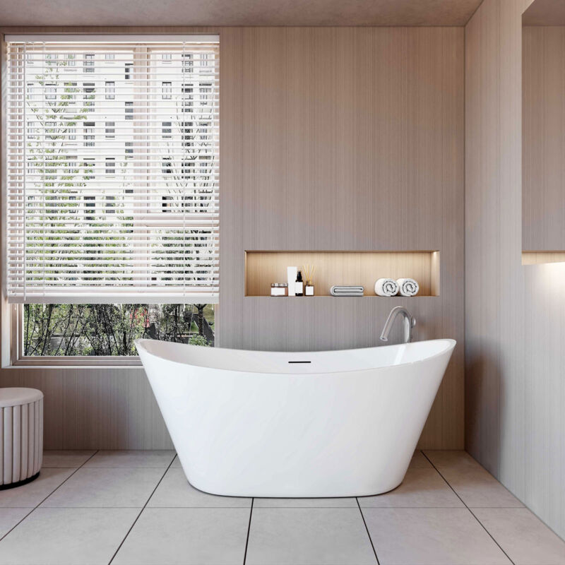 foto del prodotto vasca da bagno a isola freestanding in acrilico da 150x72x65 cm, colore bianco, forma di barca ovale