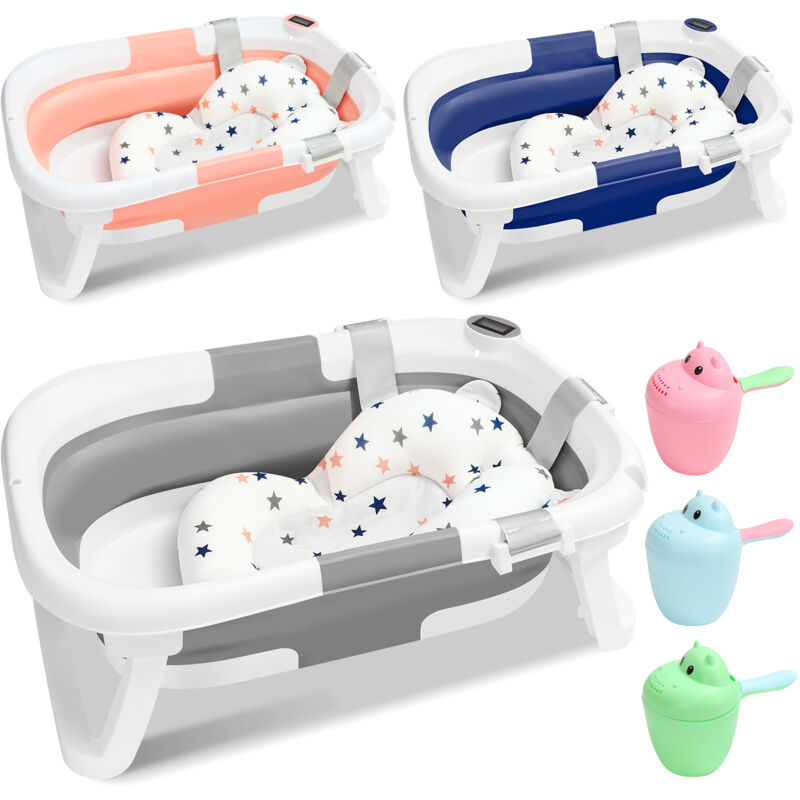 foto del prodotto vasca per bambini con indicatore di temperatura evolutiva cuscino da bagno vasca pieghevole in plastica per bambini grigia