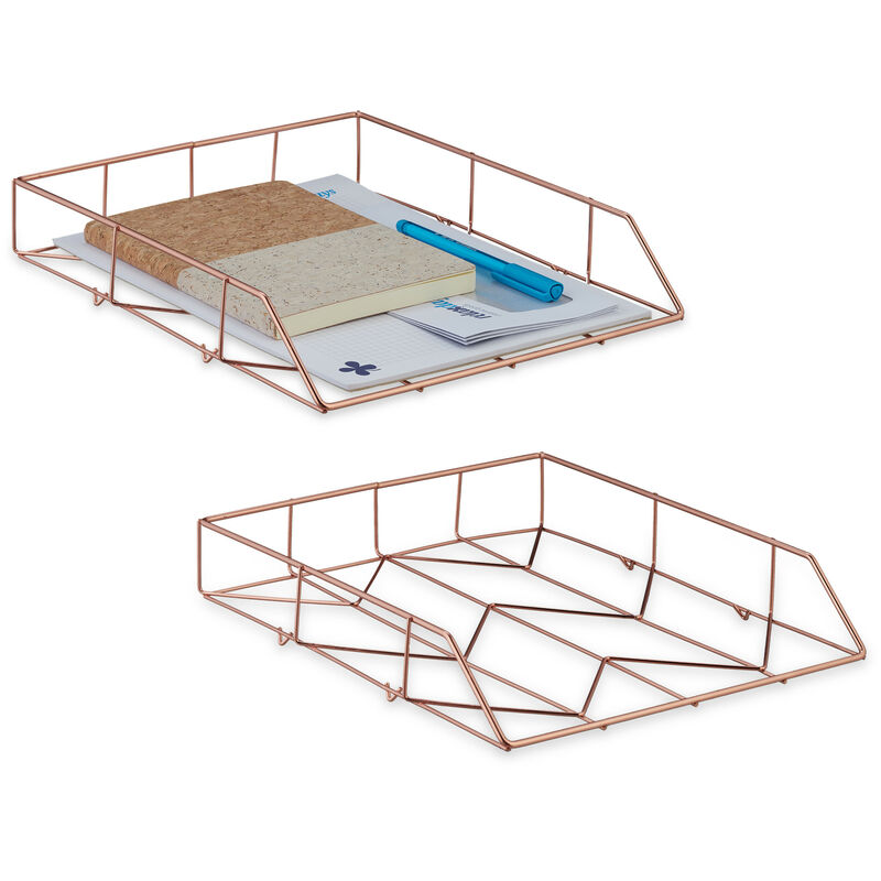 foto del prodotto vaschetta portadocumenti, set da 2, portalettere in metallo, design a rete, 5,5 x 26 x 31,5 cm, oro rosato relaxdays