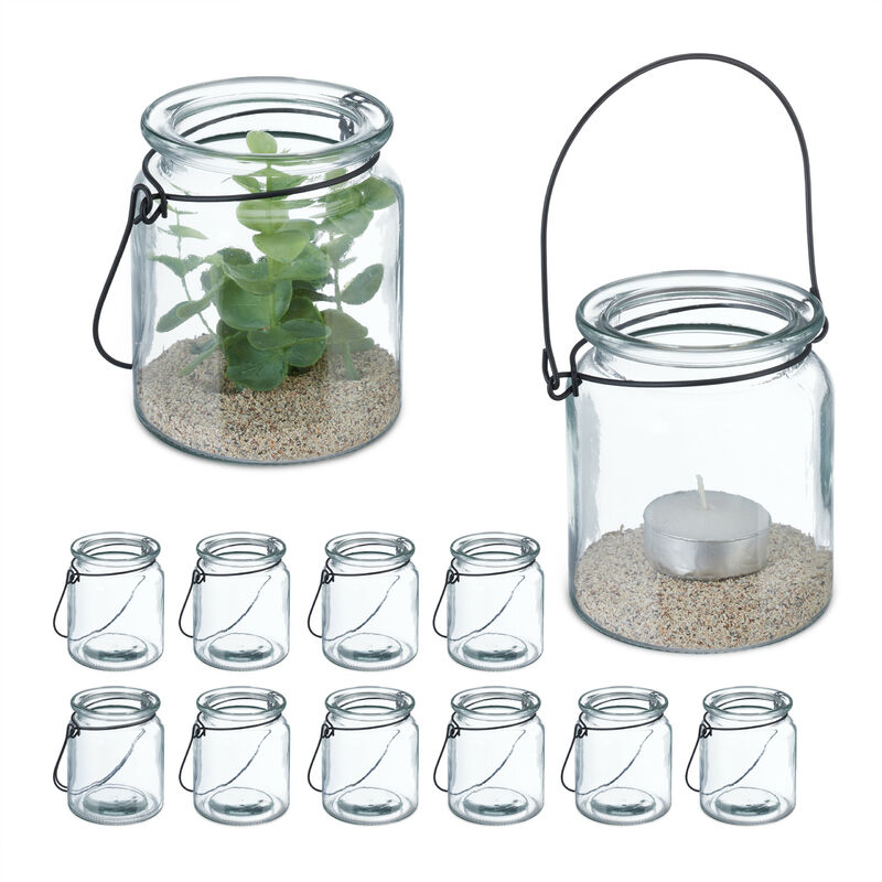 foto del prodotto vasetti portacandele, set 12, vasi in vetro, bicchieri manico, indoor outdoor hxd 9,5 x 8 cm, trasparente nero relaxdays