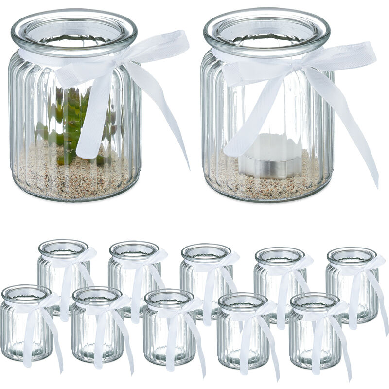 foto del prodotto vasetti portacandele, set 12, vasi in vetro per candele e lumini, bicchierini con fiocco bianco, trasparente relaxdays