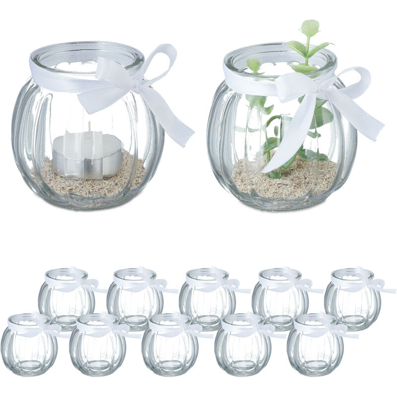 foto del prodotto vasetti portacandele, set 12, vasi in vetro per candele e lumini, bicchierini con fiocco bianco, trasparente relaxdays