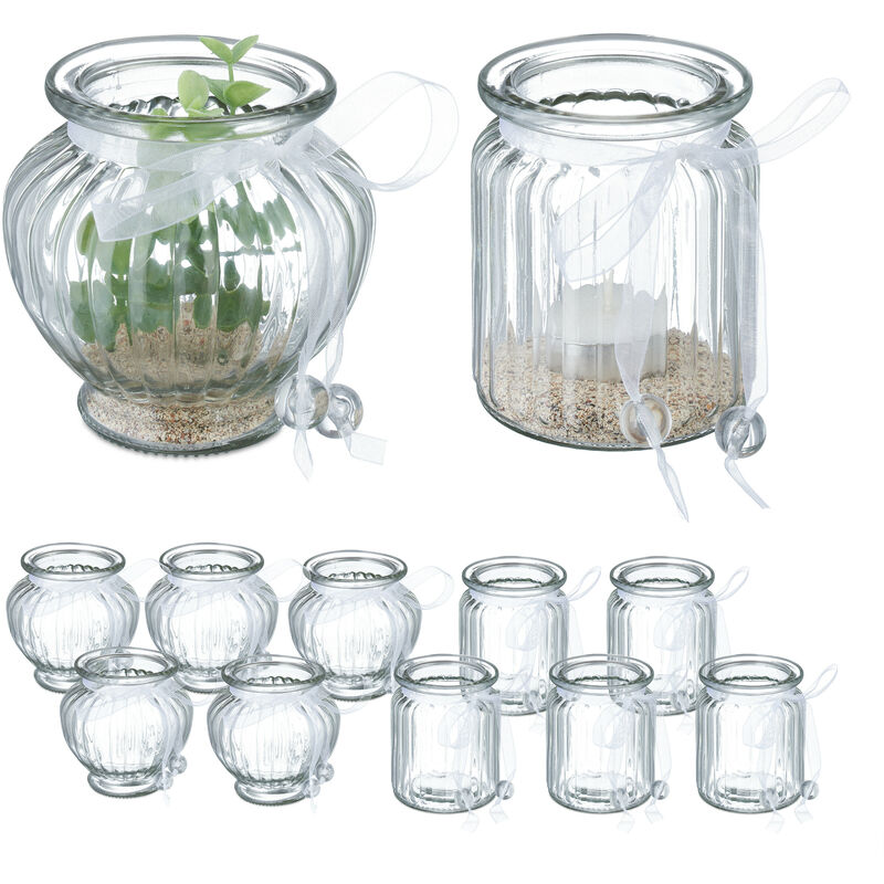 foto del prodotto vasetti portacandele, set 12, vasi vetro, bicchierini in 2 forme, indoor outdoor, fiocco bianco, trasparente relaxdays