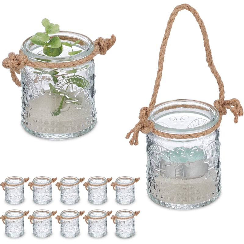 foto del prodotto vasetti portacandele, set da 12, vasi in vetro, manico con corda di canapa, hxd 7 x 6 cm, trasparente marrone relaxdays