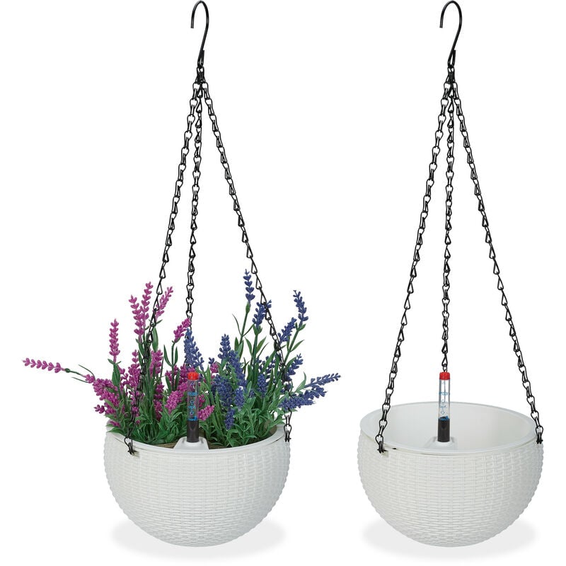 foto del prodotto vasi da appendere, set da 2, fioriera autoirrigante per piante da interno, portafiori con serbatoio, bianco relaxdays