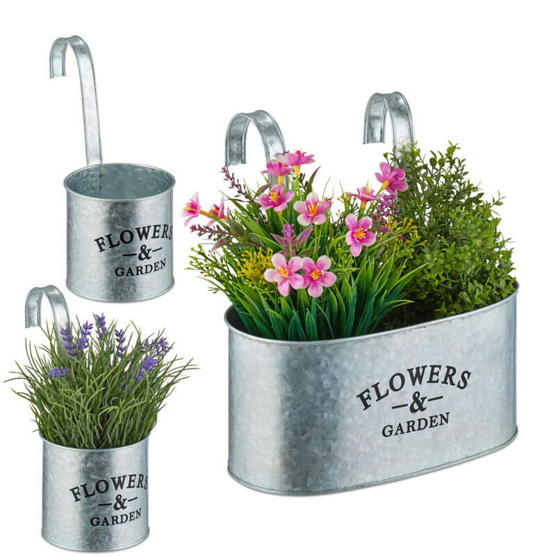 foto del prodotto vasi da appendere, set da 3, fioriere 2 dimensioni, porta piante, fiori ed erbe, in metallo zincato, argentato - relaxdays