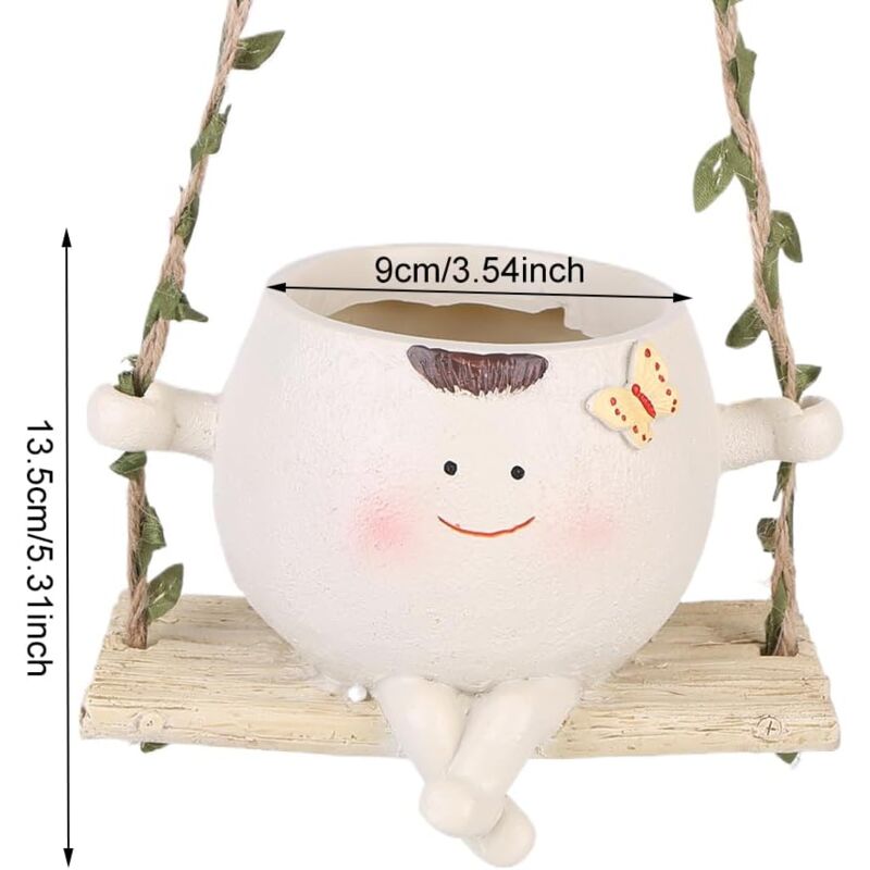 foto del prodotto vasi da fiori sospesi con faccina sorridente, vaso da fiori sospeso con faccina sorridente e altalena, vaso da interni in resina, decorazione da