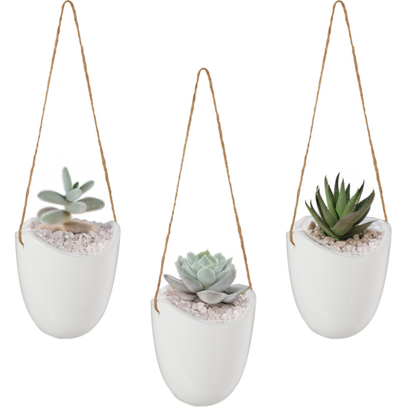 foto del prodotto vasi da parete, set da 3 portafiori con filo, fioriera per piante e fiori da interno, in ceramica, bianco relaxdays