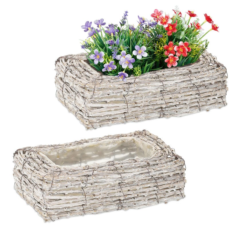 foto del prodotto vasi per fiori, set da 2, fiorere in rattan con rivestimento, per interni, hlp 8 x 27 x 17 cm, bianco naturale relaxdays