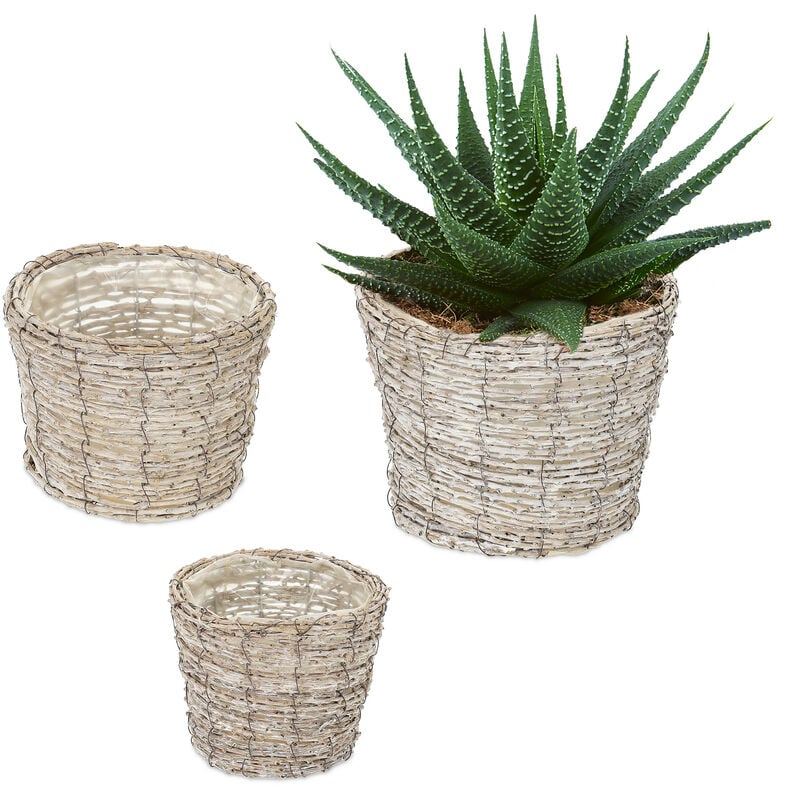foto del prodotto vasi per fiori, set da 3, fioriere in rattan con rivestimento, per interni, 3 grandezze, bianco naturale relaxdays