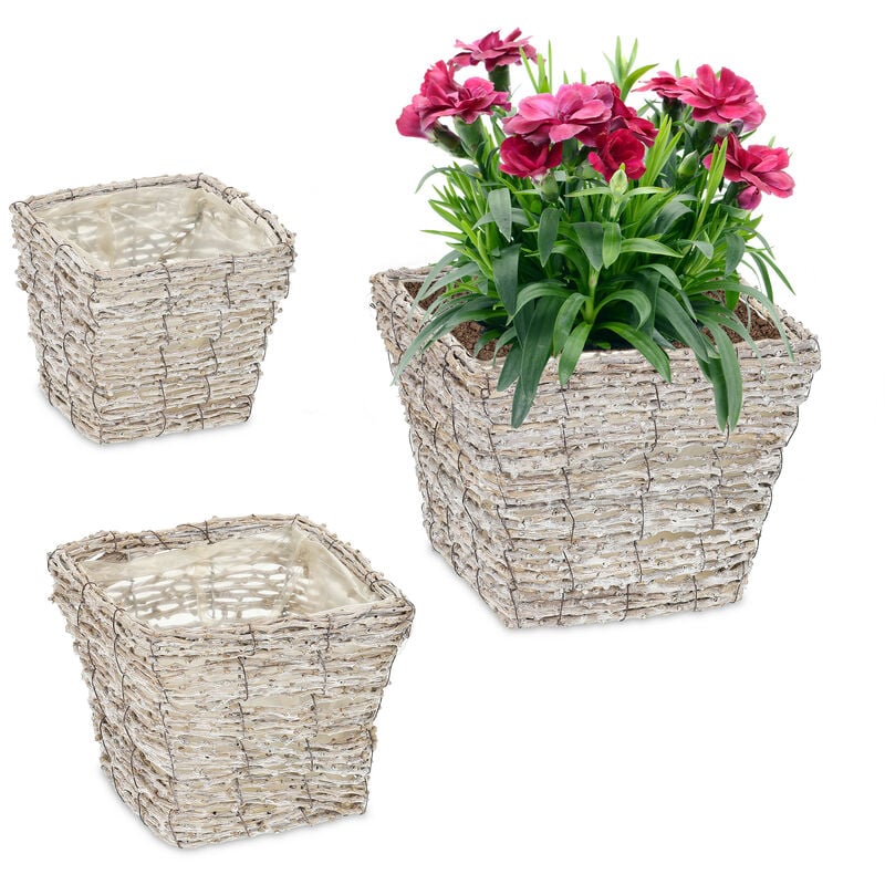 foto del prodotto vasi per fiori, set da 3, fioriere quadrate in rattan con rivestimento, per interni, 3 misure, bianco naturale relaxdays