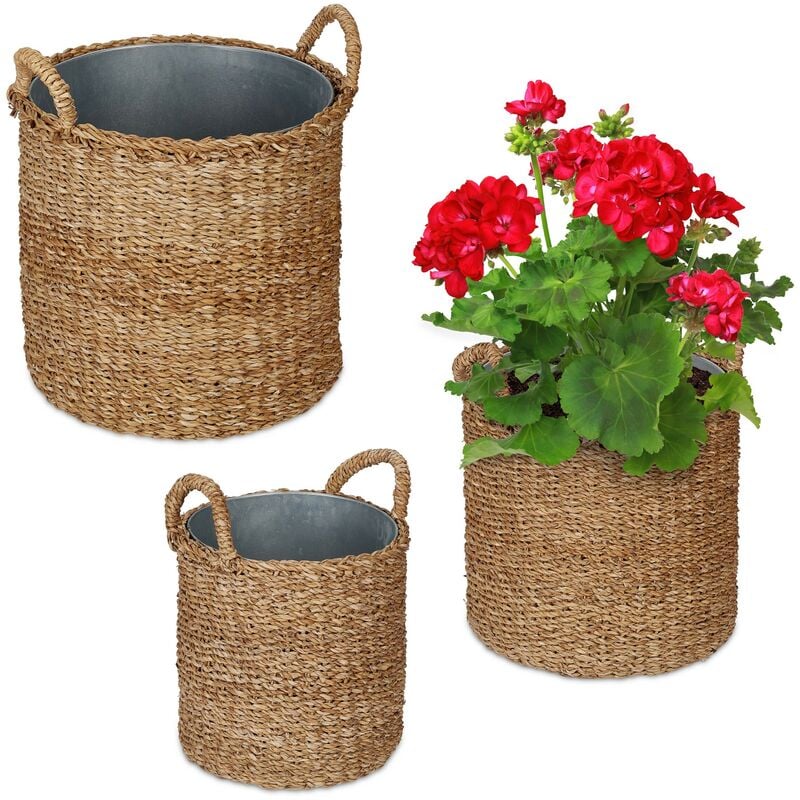 foto del prodotto vasi per piante da interno decorativi, set da 3, fioriera da esterno rotonde in aspetto vimini, naturale relaxdays