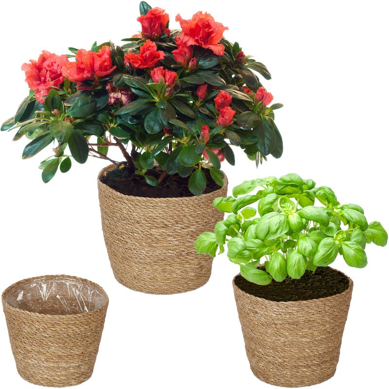 foto del prodotto vasi per piante da interno decorativi, set da 3, fioriere portapiante rotonde in aspetto vimini, naturale relaxdays