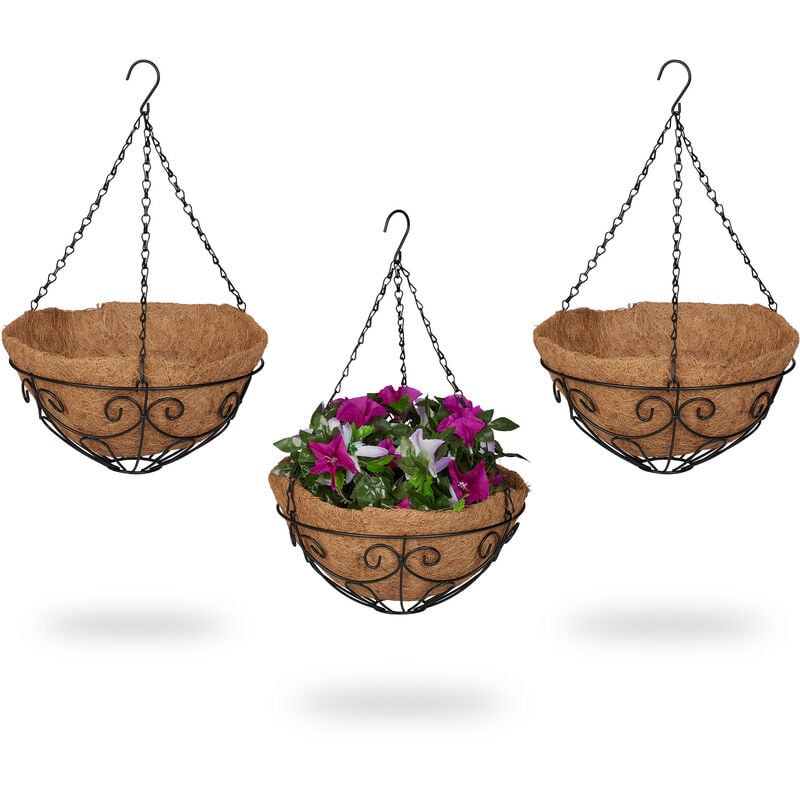 foto del prodotto vasi sospesi per piante, set 3 portavasi in fibra di cocco e ferro, hd 48x31 cm, indoor outdoor, nero naturale relaxdays
