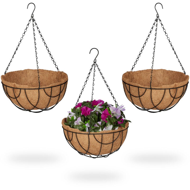 foto del prodotto vasi sospesi per piante, set 3 portavasi in fibra di cocco e ferro, hd 50x31 cm, indoor&amp;outdoor, nero naturale - relaxdays