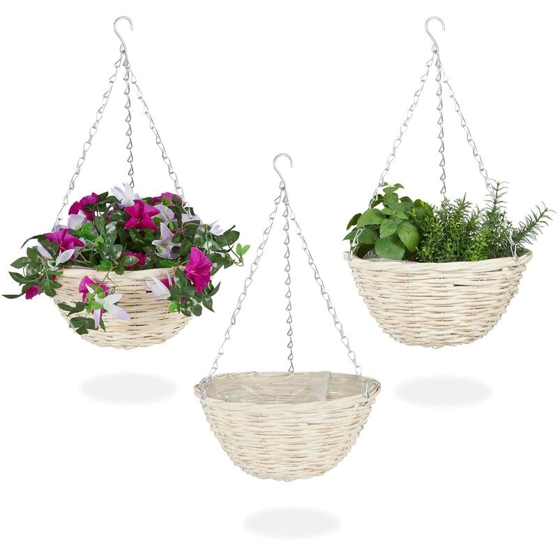 foto del prodotto vasi sospesi per piante, set 3 portavasi in rattan con rivestimento, fatti a mano, hxd 12 x 25 cm, naturale relaxdays