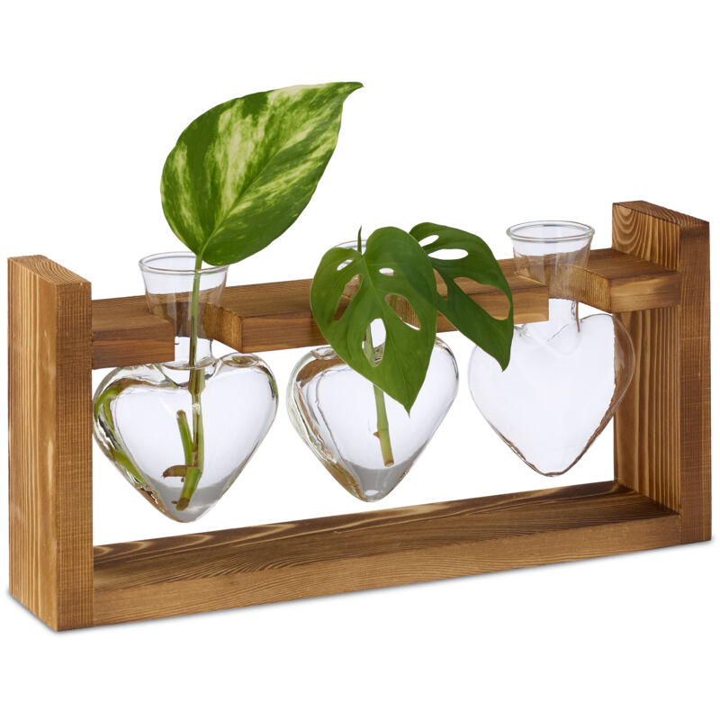 foto del prodotto vasi vetro decorativi, set 3 vasetti per fiori ad ampolla a cuore, 13x28x6,5 cm, su supporto in legno naturale relaxdays