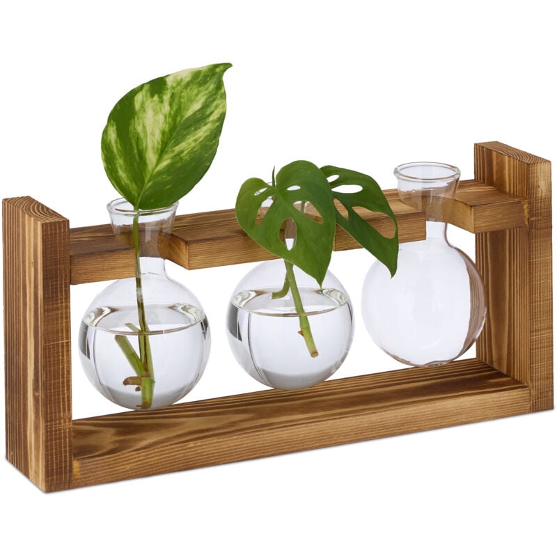 foto del prodotto vasi vetro decorativi, set 3 vasetti per fiori ad ampolla rotonda, 13x28x6,5 cm, su supporto in legno naturale relaxdays