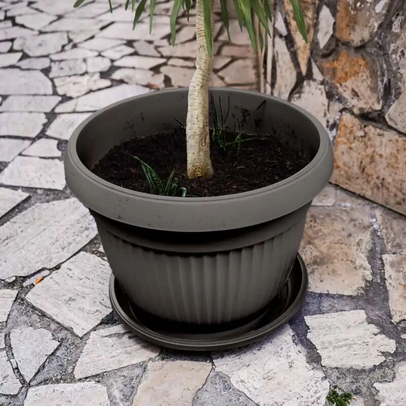 foto del prodotto vaso ciotola gaia in resina d45 colore grigio con sottovaso e sgocciolatore