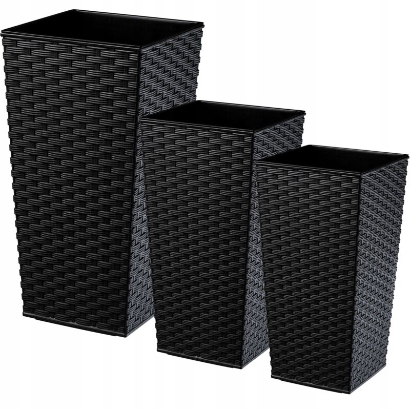 foto del prodotto vaso da fiori alto, fioriera grande per interni ed esterni, fioriera in simil rattan nero, set da 3 57 cm, 68 cm, 75 cm kadax