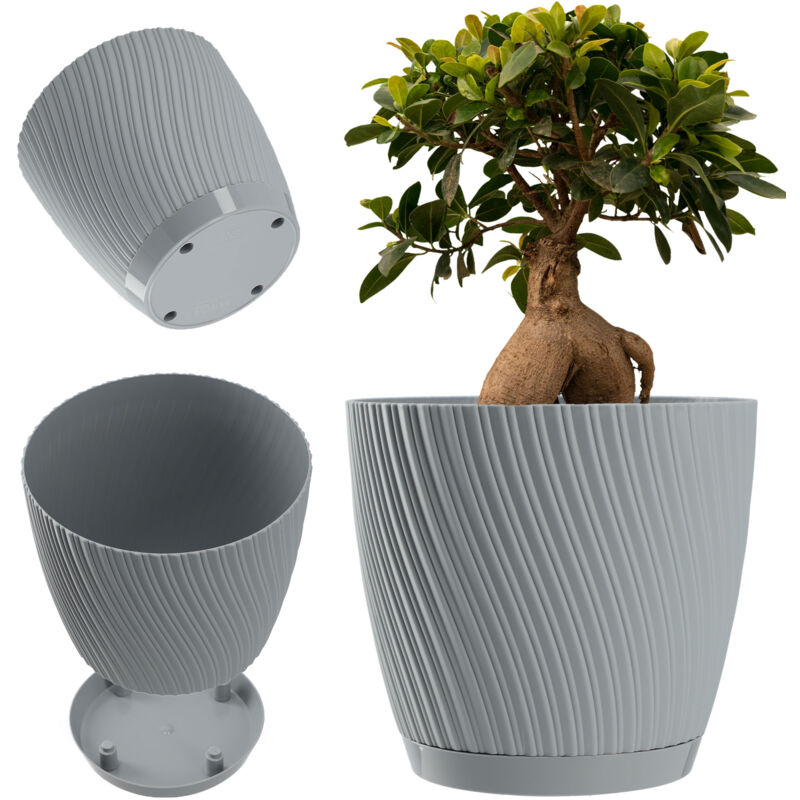 foto del prodotto vaso da fiori con sottovaso, forma ondulata tridimensionale, plastica, vaso decorativo per fiori, cactus ed erbe aromatiche 23 cm, grigio kadax