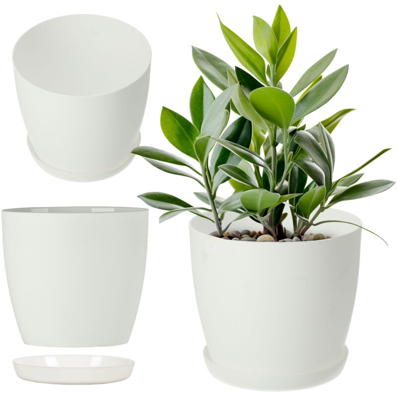 foto del prodotto vaso da fiori in plastica con sottovaso ed elegante finitura opaca, vaso per piante per un arredamento interno raffinato e moderno 12 cm, bianco 