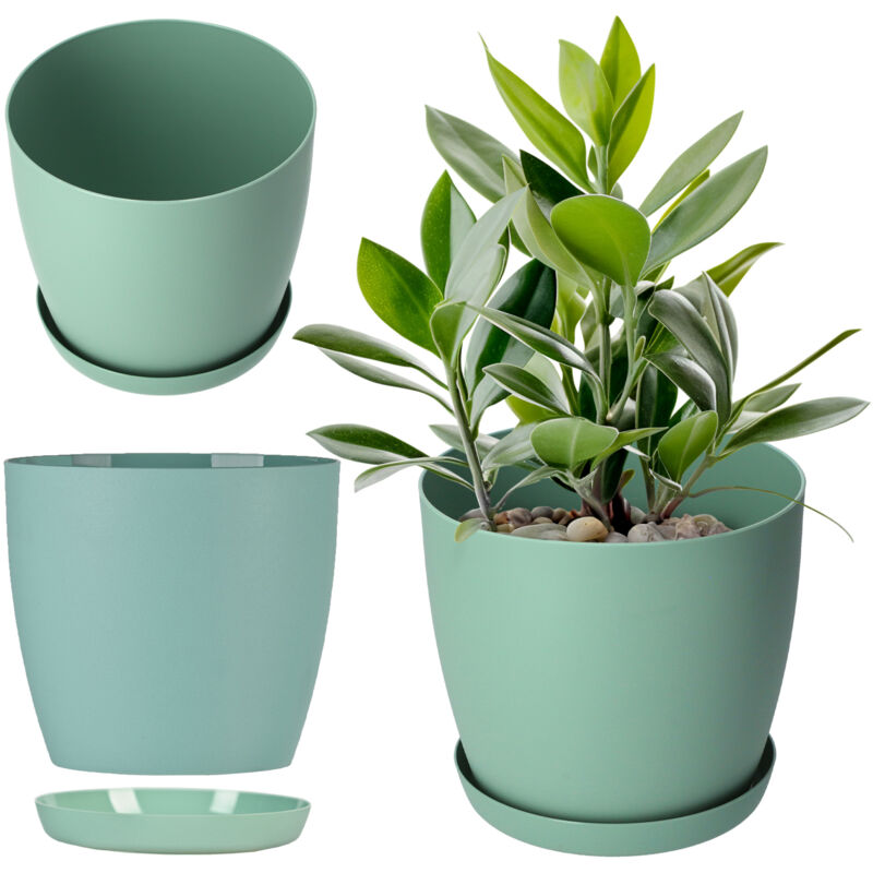 foto del prodotto vaso da fiori in plastica con sottovaso ed elegante finitura opaca, vaso per piante per un arredamento interno raffinato e moderno 12 cm, verde 