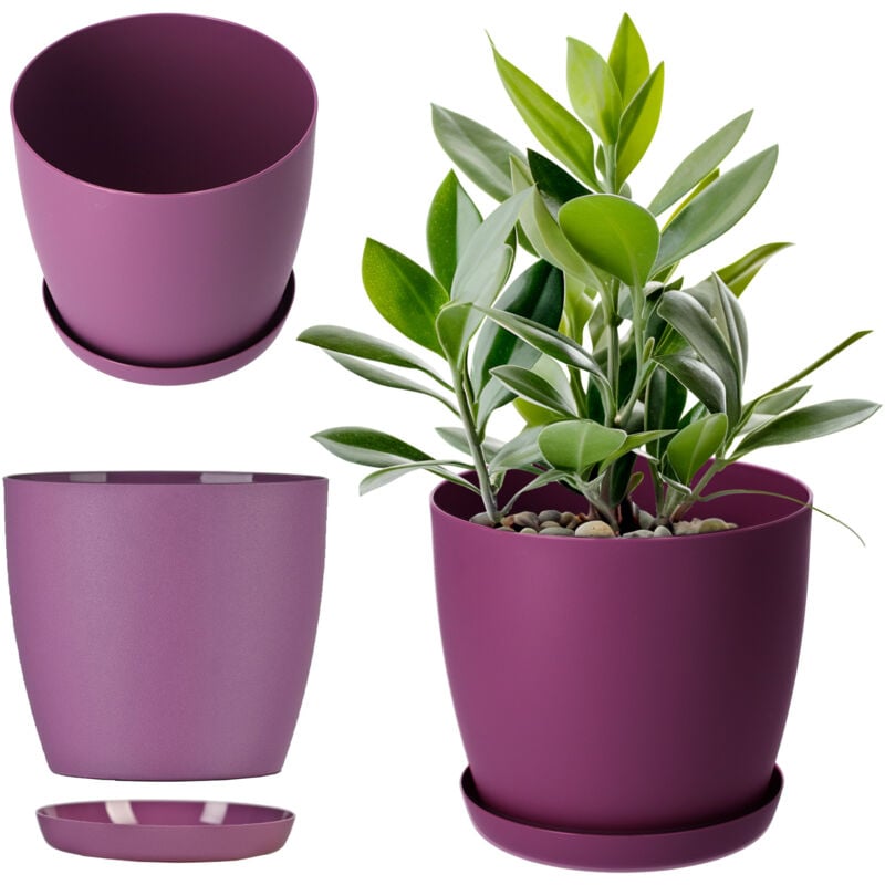 foto del prodotto vaso da fiori in plastica con sottovaso ed elegante finitura opaca, vaso per piante per un arredamento interno raffinato e moderno 12 cm, viola 