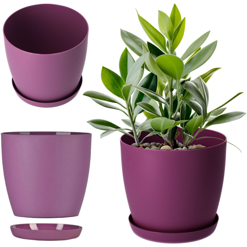 foto del prodotto vaso da fiori in plastica con sottovaso ed elegante finitura opaca, vaso per piante per un arredamento interno raffinato e moderno 14 cm, viola 
