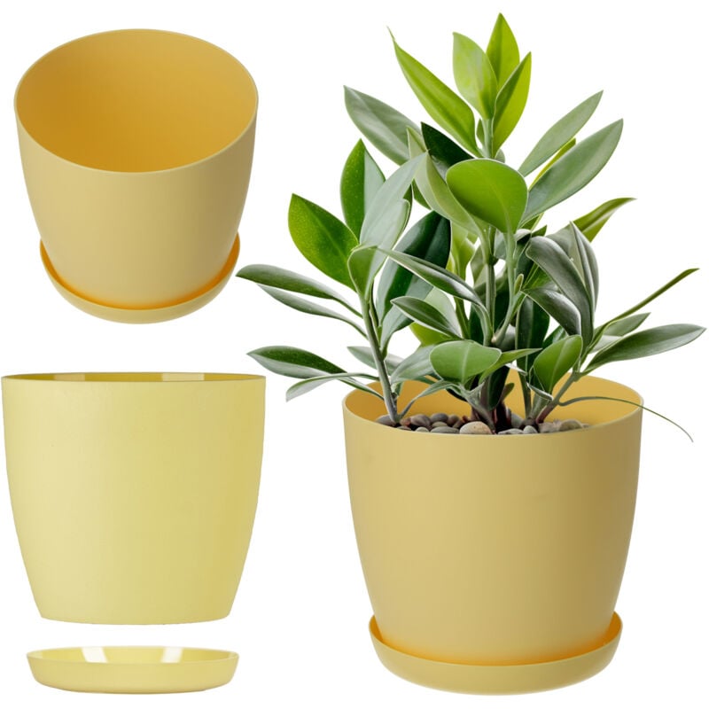 foto del prodotto vaso da fiori in plastica con sottovaso ed elegante finitura opaca, vaso per piante per un arredamento interno raffinato e moderno 18 cm, giallo 
