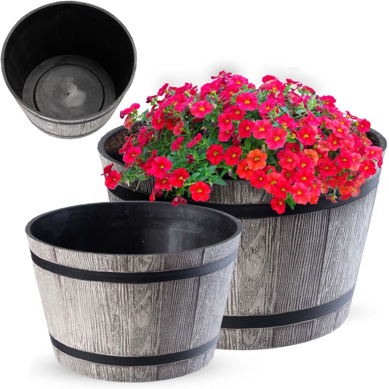foto del prodotto vaso da fiori in plastica per interni ed esterni, vaso grande per piante con finto legno (grigio chiaro, set da 2 30 e 40 cm) - kadax