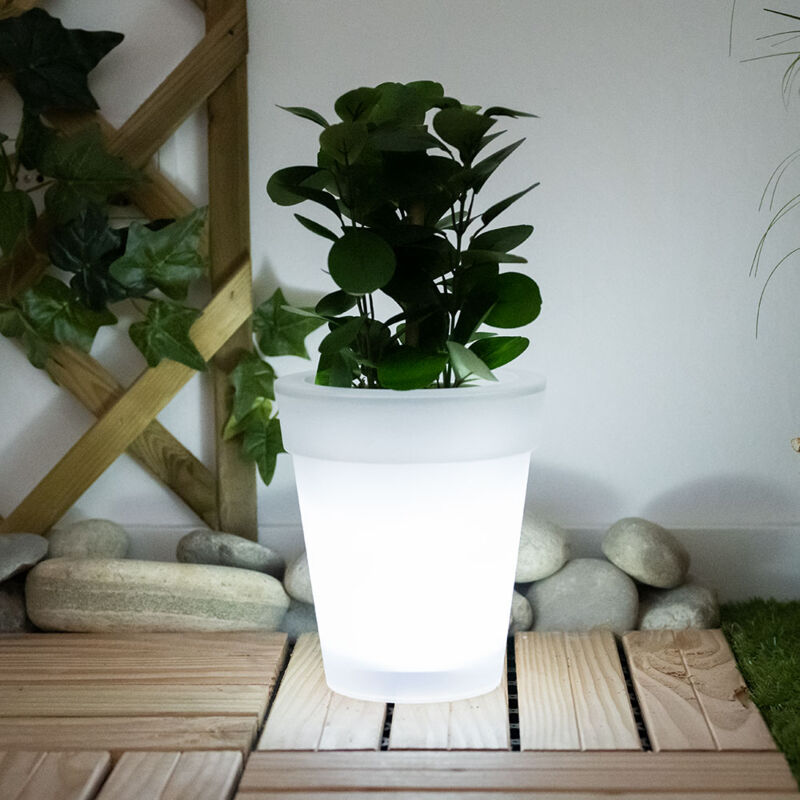 foto del prodotto vaso di fiori solare led vaso di fiori luminoso vaso di fiori solare illuminazione, bianco satinato, batteria led bianco neutro, h 19 cm