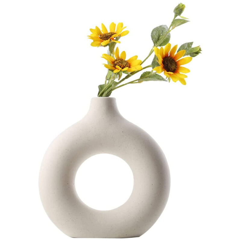 foto del prodotto vaso in ceramica a ciambella bianca, fatto a mano in ceramica la decorazione moderna della casa, vasi rotondi erba della pampa, neutri boho nord m