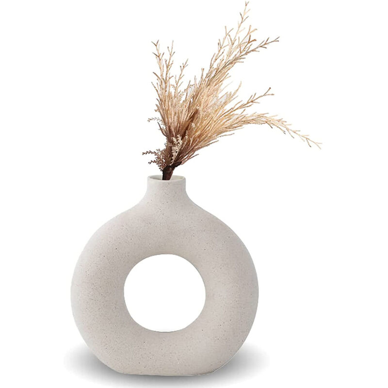 foto del prodotto vaso in ceramica a ciambella bianca, fatto a mano in ceramica la decorazione moderna della casa, vasi rotondi erba della pampa, neutri boho nord s