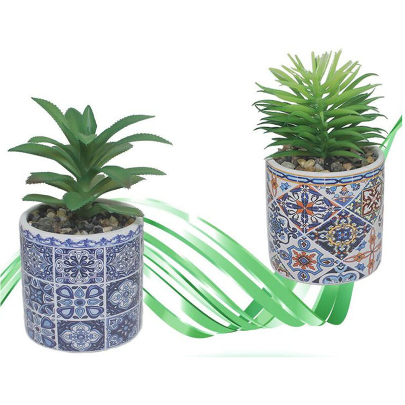 foto del prodotto vaso in ceramica con piantina artificiale 15cm pianta idea regalo bomboniera blu - - trade shop traesio