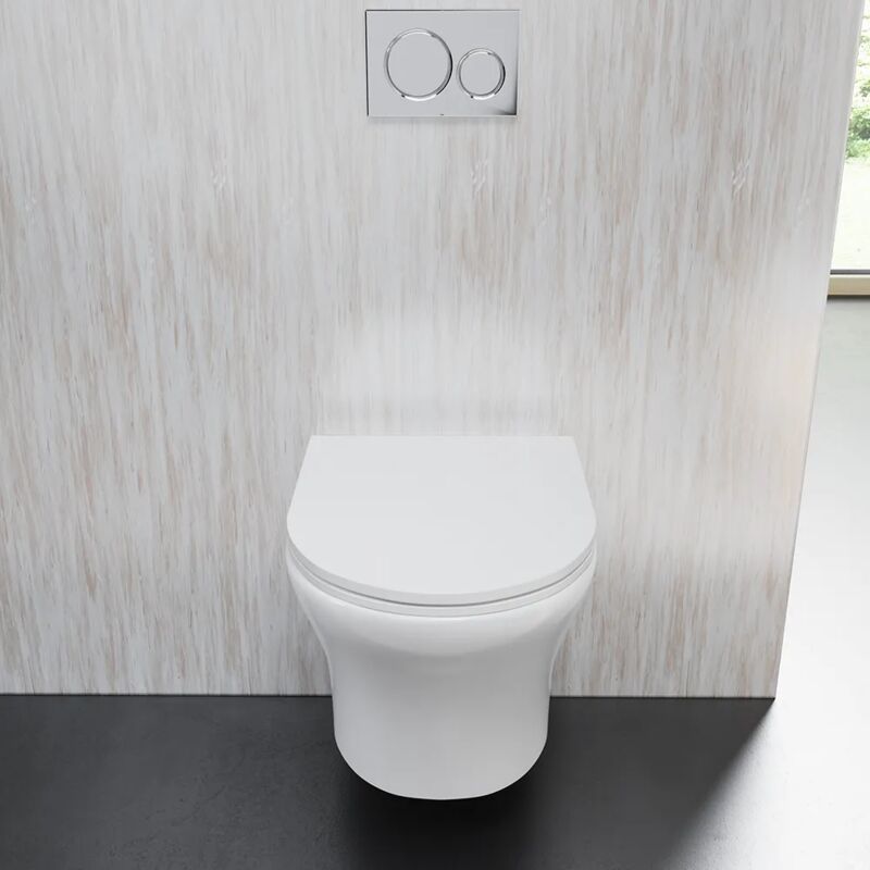 foto del prodotto vaso sospeso rimless in ceramica bianco lucido con sedile soft close mod. nassau