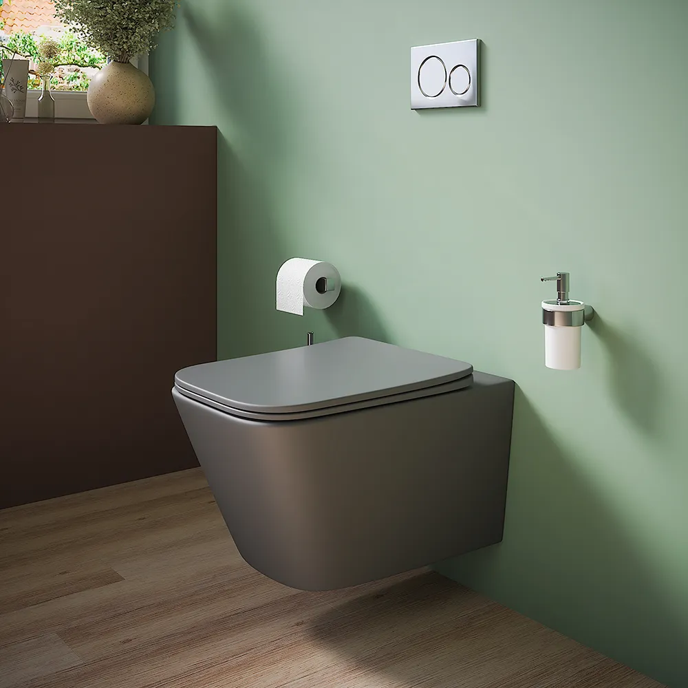 foto del prodotto vaso sospeso rimless in ceramica grigio opaco con sedile soft-close kyoto