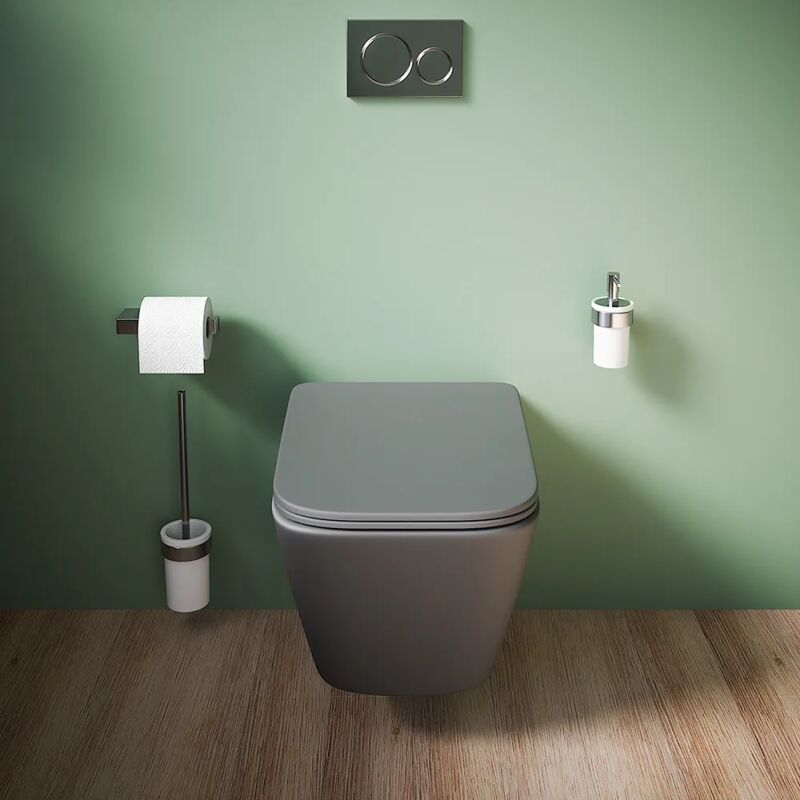foto del prodotto vaso sospeso rimless in ceramica grigio opaco con sedile soft close mod. kyoto