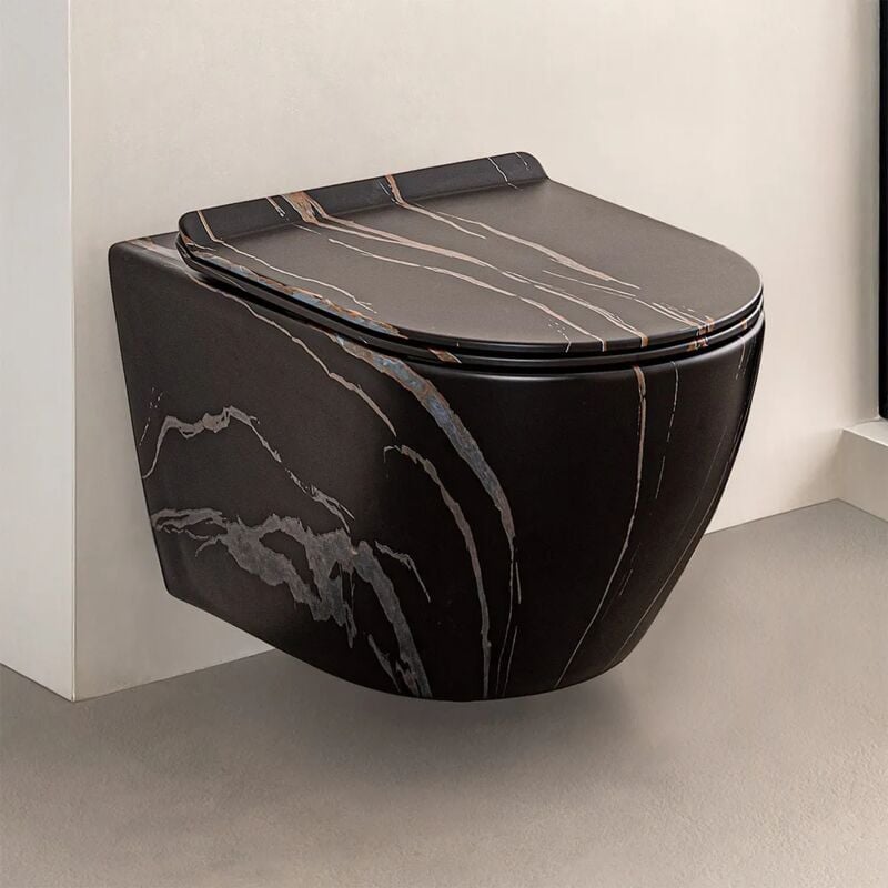 foto del prodotto vaso sospeso rimless in ceramica marmorizzata nera con sedile tokyo