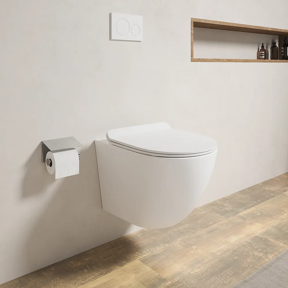 foto del prodotto vaso wc sospeso in ceramica bianco opaco rimless salvaspazio con sedile soft close parigi